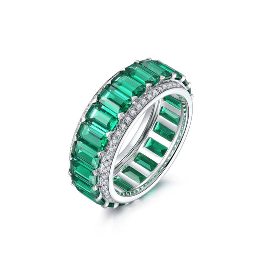 Emerald Ring, S925 Sterling Silver Eternity Emerald and Round Brilliant Micro Pave Anniversary Ring, Emerald Wedding Band, Birthday Gift