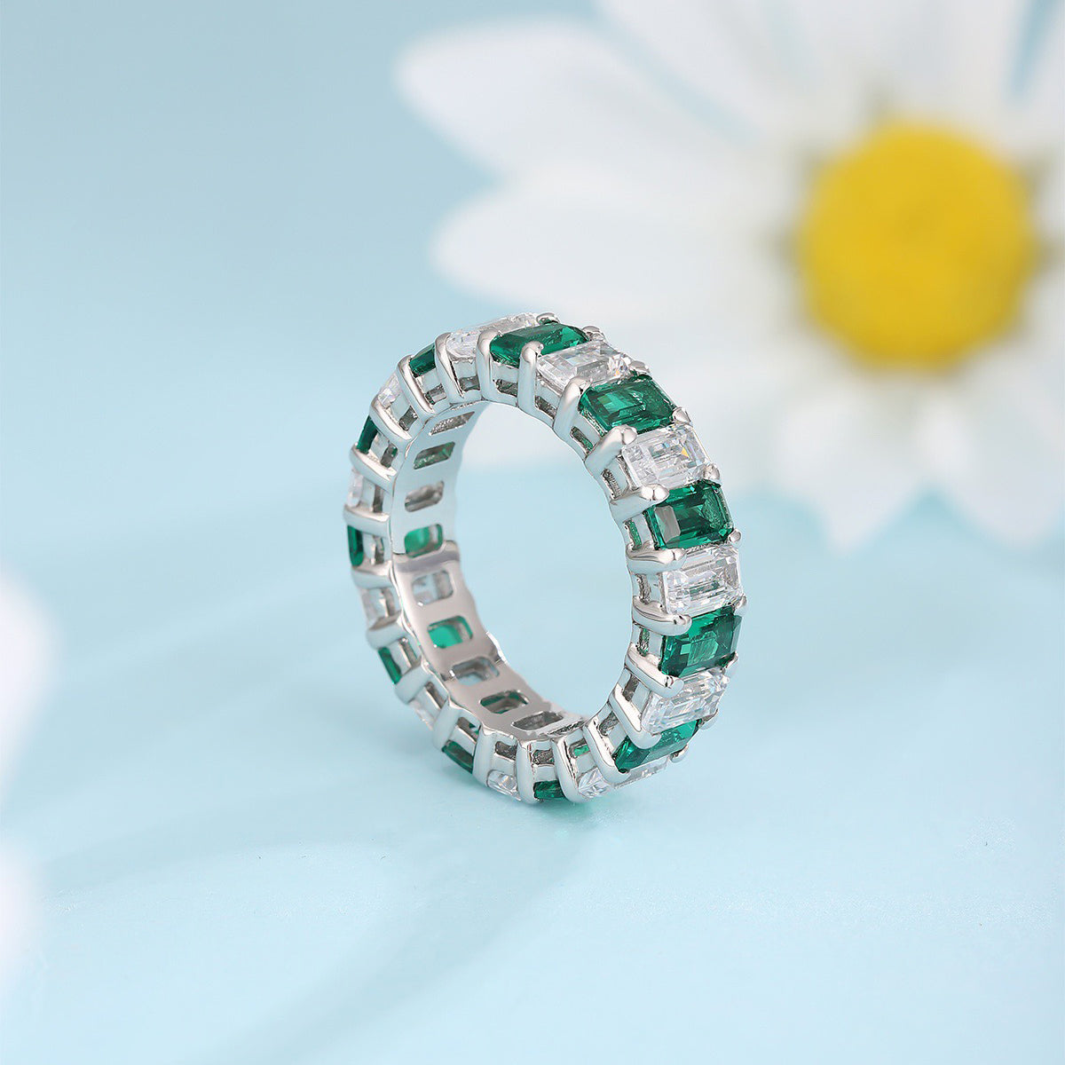 s925 sterling silver lab emerald/ruby/sapphire & cz diamond ring