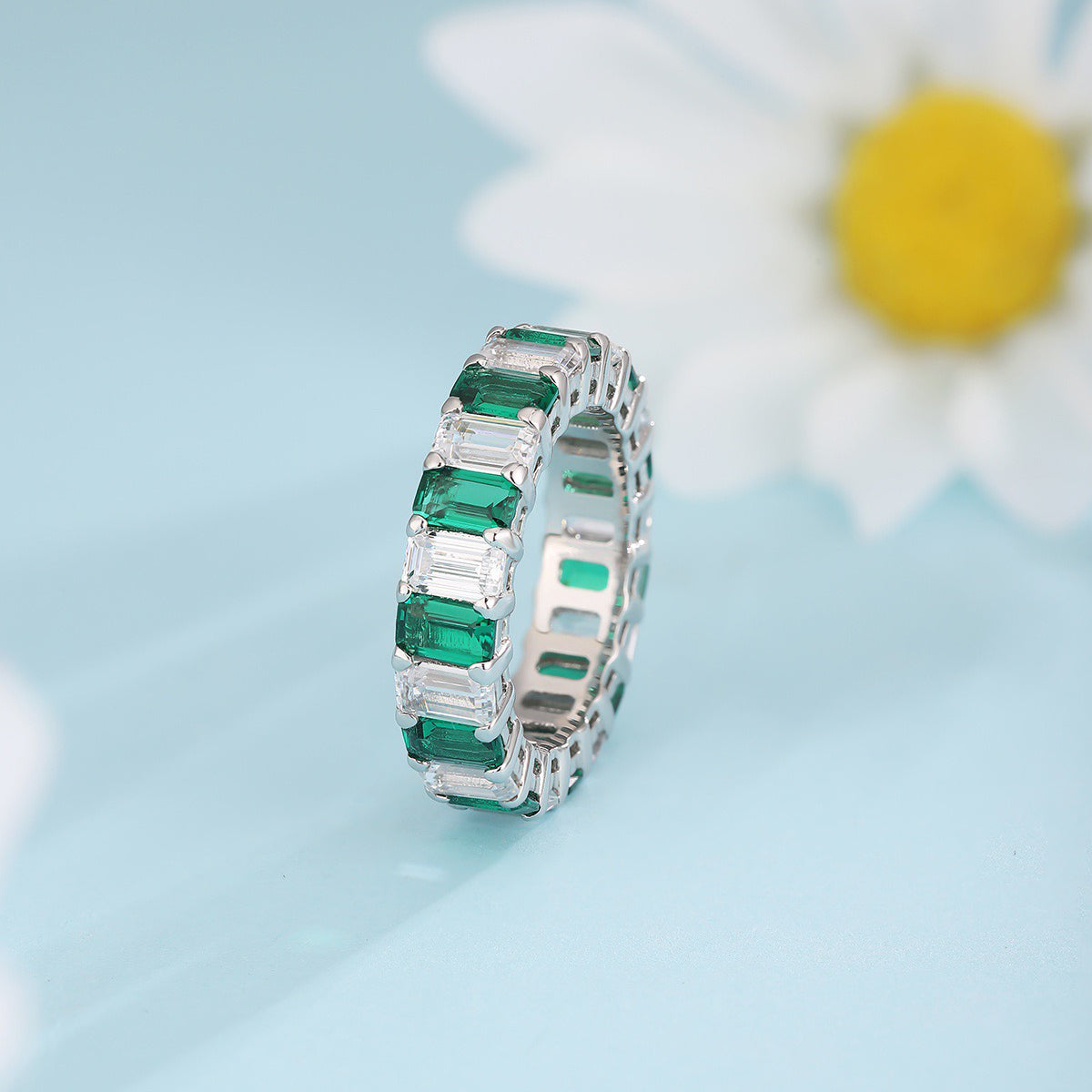 s925 sterling silver lab emerald/ruby/sapphire & cz diamond ring
