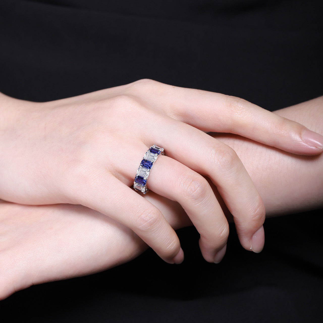 blue sapphire diamond wedding band, s925 sterling silver eternity band, dainty bridal band,delicate stackable band, anniversary present