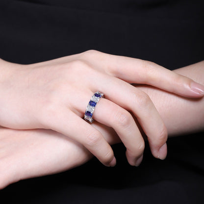 Blue Sapphire Diamond Wedding Band, S925 Sterling Silver Eternity Band, Dainty Bridal Band,Delicate Stackable Band, Anniversary Present