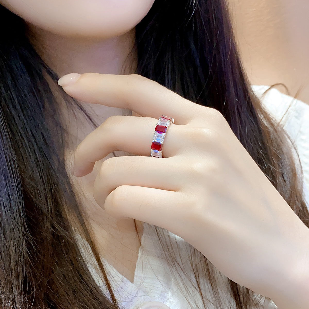 s925 sterling silver lab emerald/ruby/sapphire & cz diamond ring