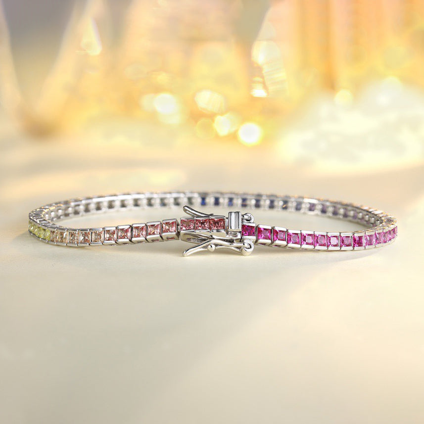 rainbow sapphire princess cut bezel tennis bracelet s925 sterling silver,2mm multicolor gemstone bracelet,dainty stackable tennis bracelet