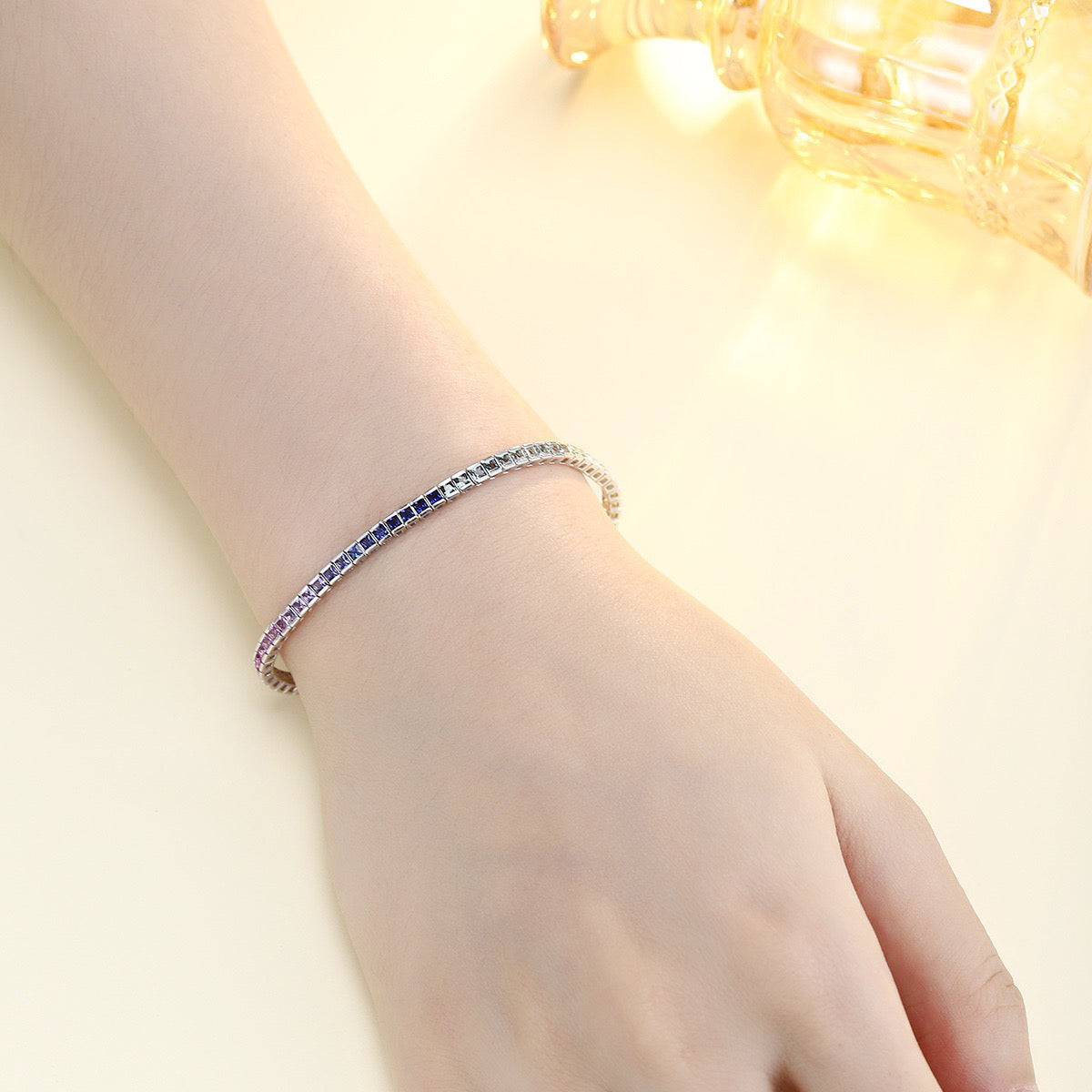 rainbow sapphire princess cut bezel tennis bracelet s925 sterling silver,2mm multicolor gemstone bracelet,dainty stackable tennis bracelet