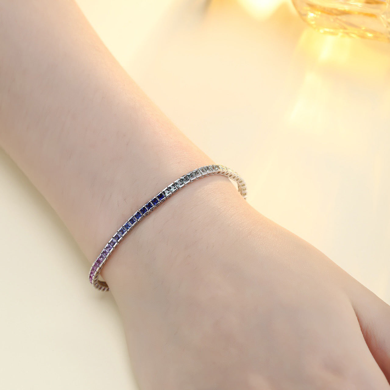 rainbow sapphire princess cut bezel tennis bracelet s925 sterling silver,2mm multicolor gemstone bracelet,dainty stackable tennis bracelet