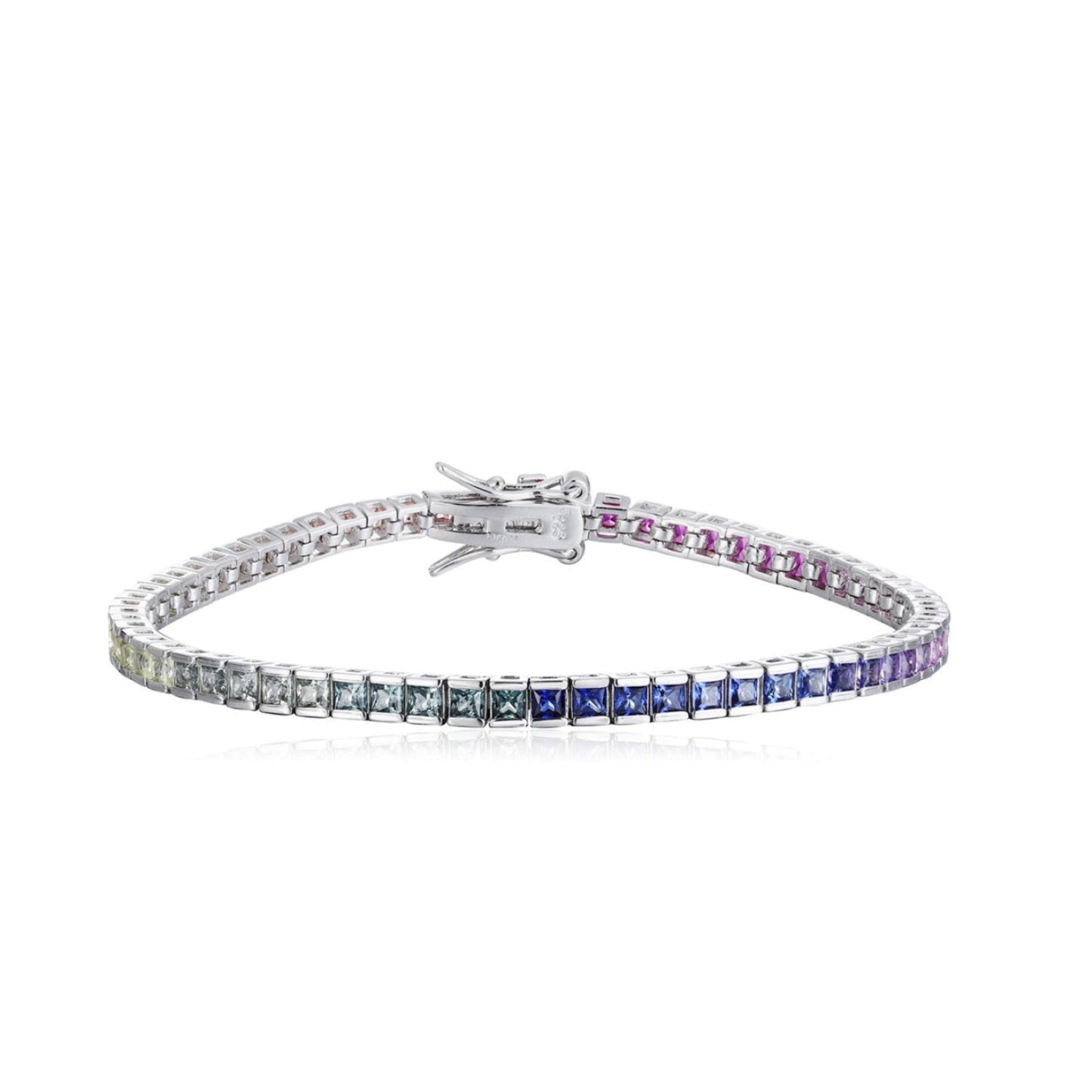 rainbow sapphire princess cut bezel tennis bracelet s925 sterling silver,2mm multicolor gemstone bracelet,dainty stackable tennis bracelet