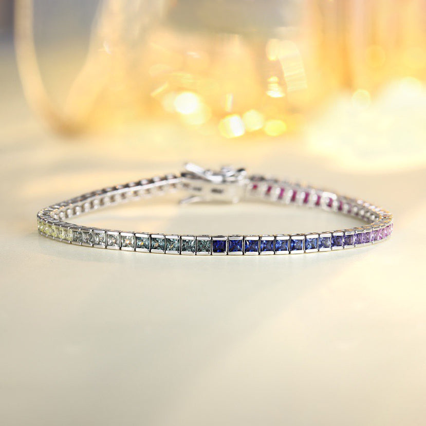 rainbow sapphire princess cut bezel tennis bracelet s925 sterling silver,2mm multicolor gemstone bracelet,dainty stackable tennis bracelet