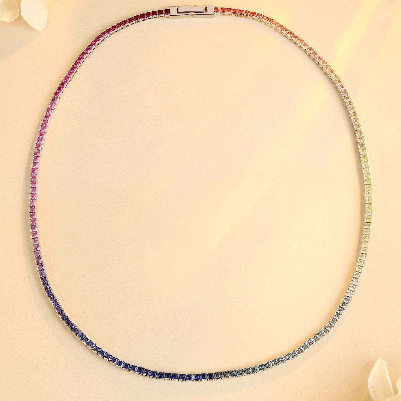 rainbow sapphire princess cut bezel tennis necklace in s925 sterling silver,multicolor gemstone choker,dainty layering necklace,gift for her