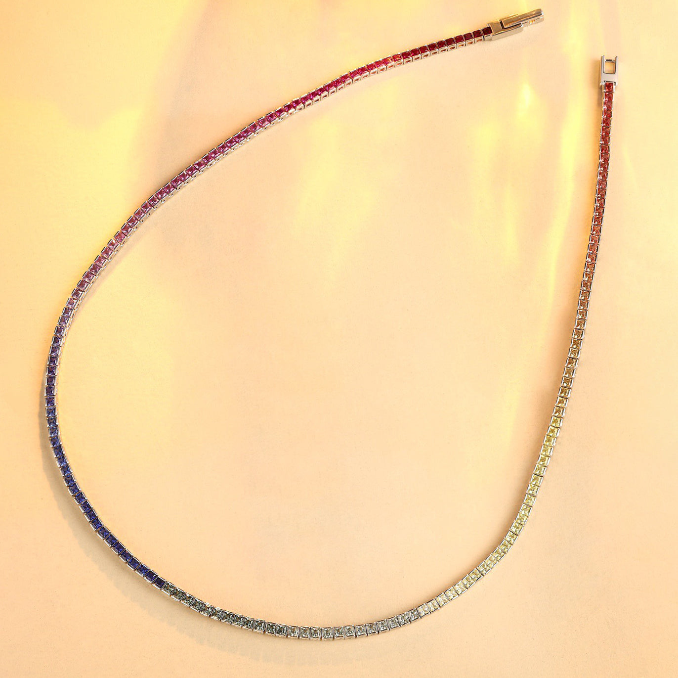 rainbow sapphire princess cut bezel tennis necklace in s925 sterling silver,multicolor gemstone choker,dainty layering necklace,gift for her