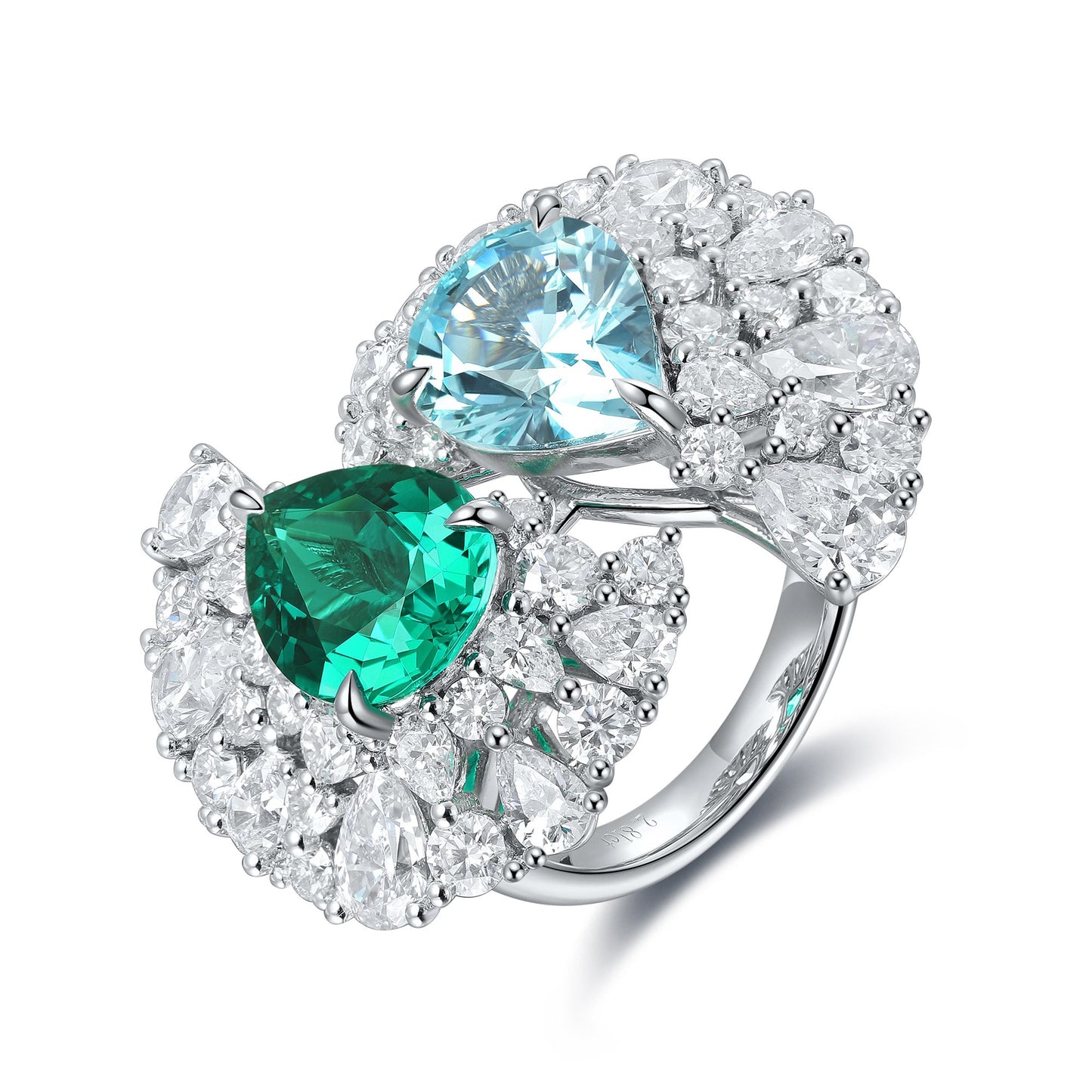 toi et moi emerald aquamarine ring – pear cut sterling silver engagement ring – two stone birthstone ring – romantic promise gift for her