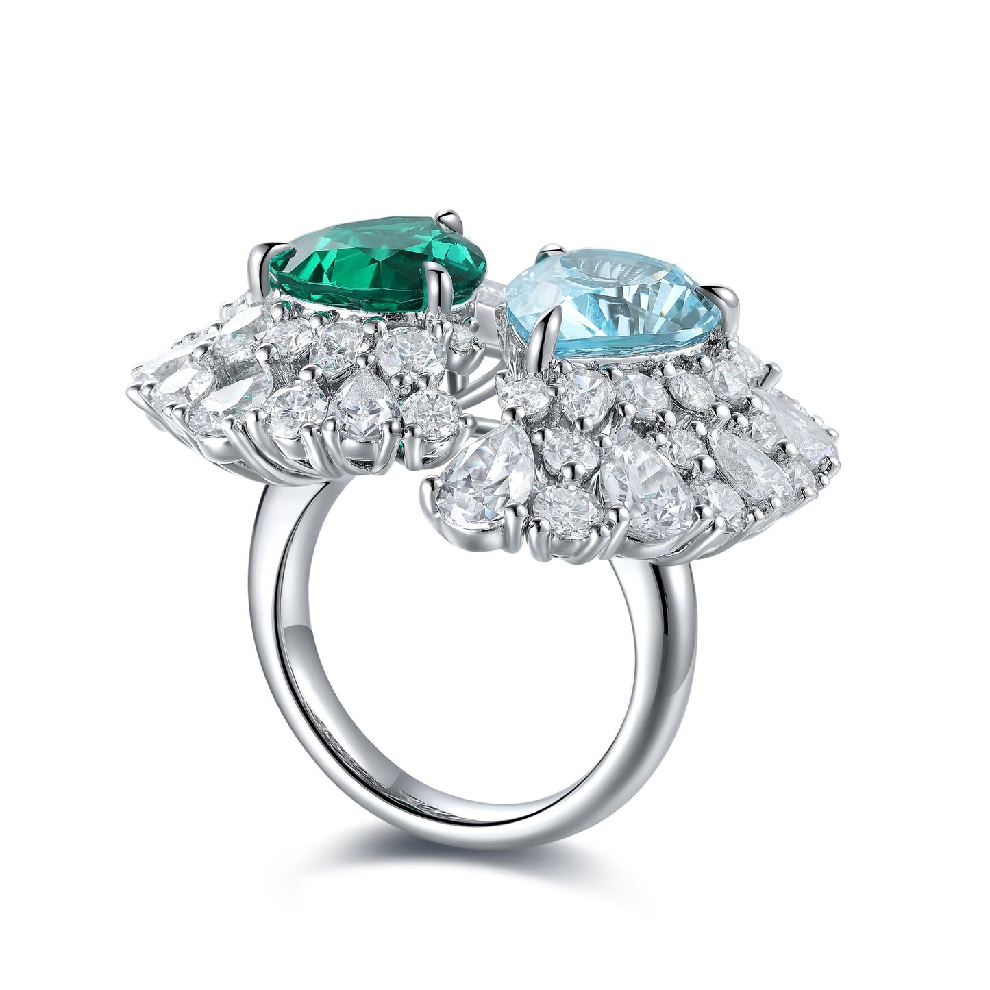 toi et moi emerald aquamarine ring – pear cut sterling silver engagement ring – two stone birthstone ring – romantic promise gift for her
