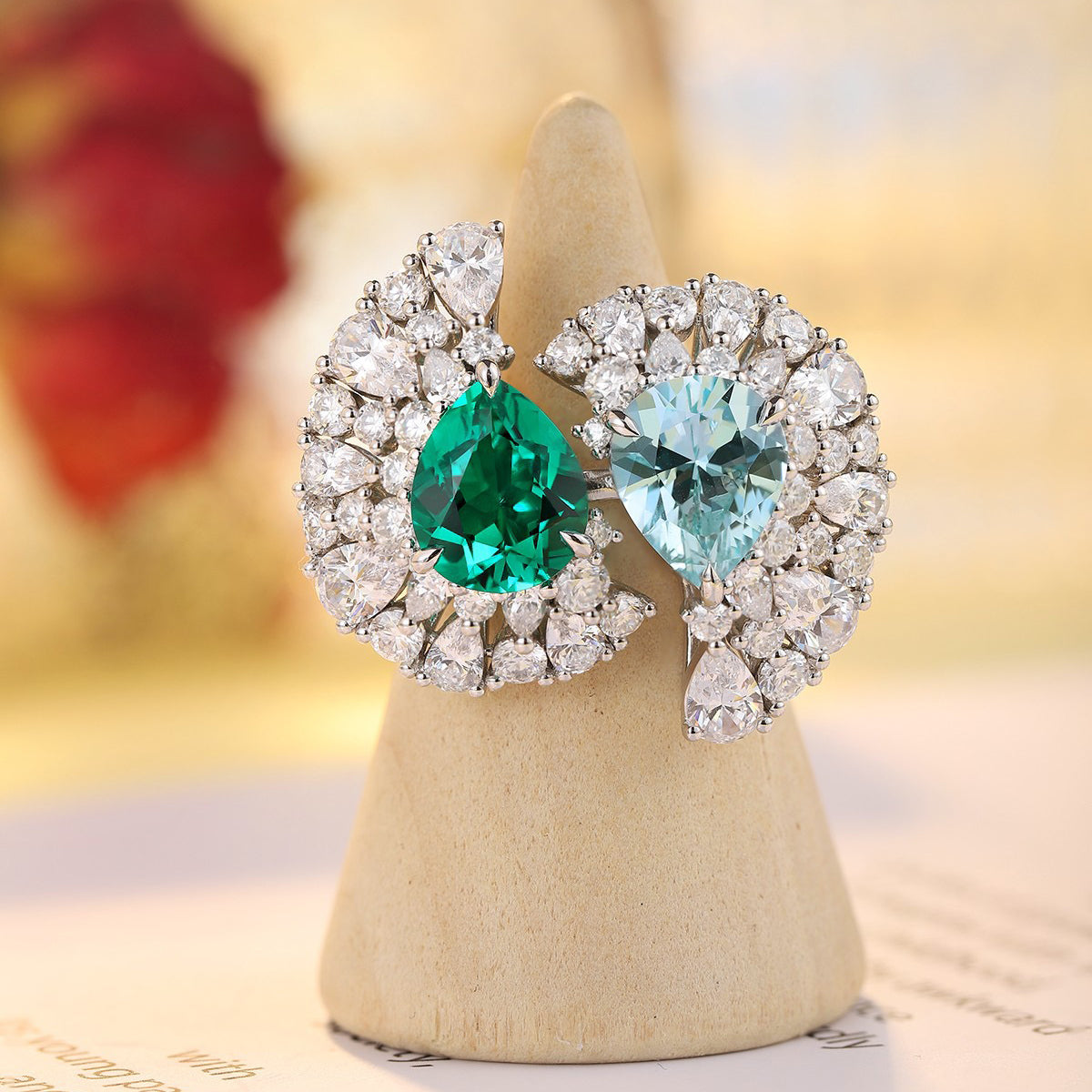 toi et moi emerald aquamarine ring – pear cut sterling silver engagement ring – two stone birthstone ring – romantic promise gift for her