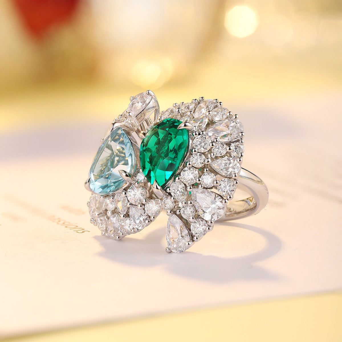 toi et moi emerald aquamarine ring – pear cut sterling silver engagement ring – two stone birthstone ring – romantic promise gift for her