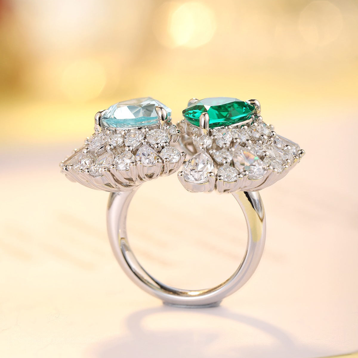 toi et moi emerald aquamarine ring – pear cut sterling silver engagement ring – two stone birthstone ring – romantic promise gift for her