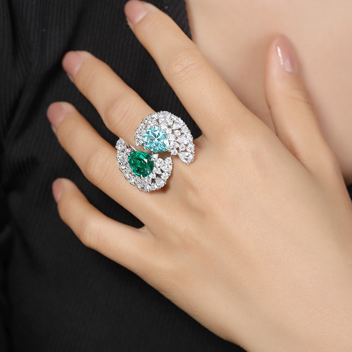 toi et moi emerald aquamarine ring – pear cut sterling silver engagement ring – two stone birthstone ring – romantic promise gift for her