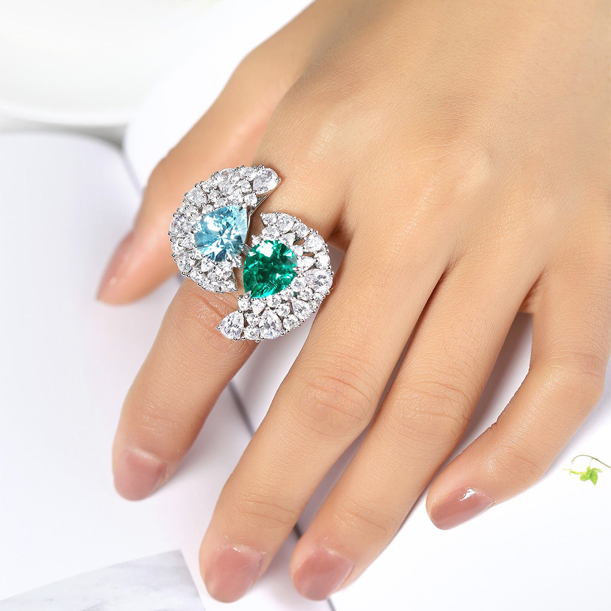 toi et moi emerald aquamarine ring – pear cut sterling silver engagement ring – two stone birthstone ring – romantic promise gift for her