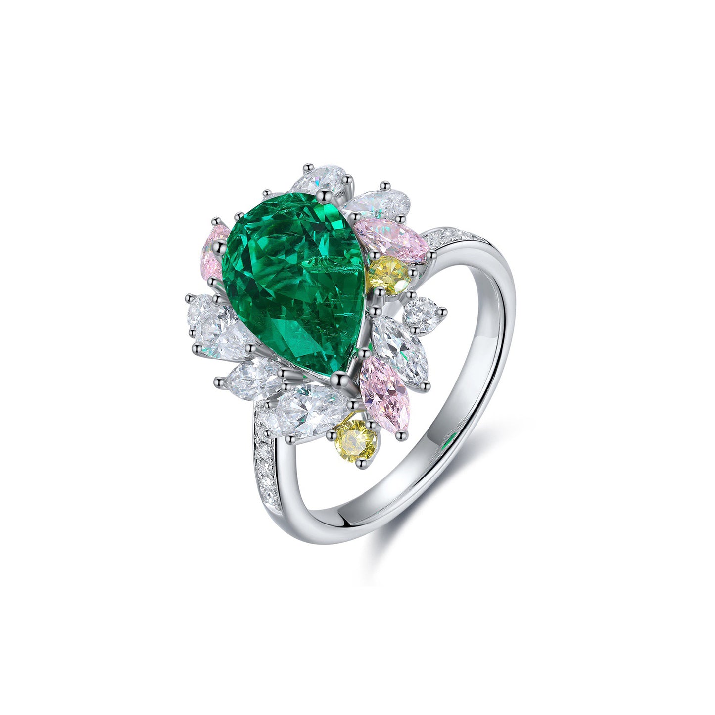 s925 sterling silver lab paraiba/ruby/emerald & cz diamond ring