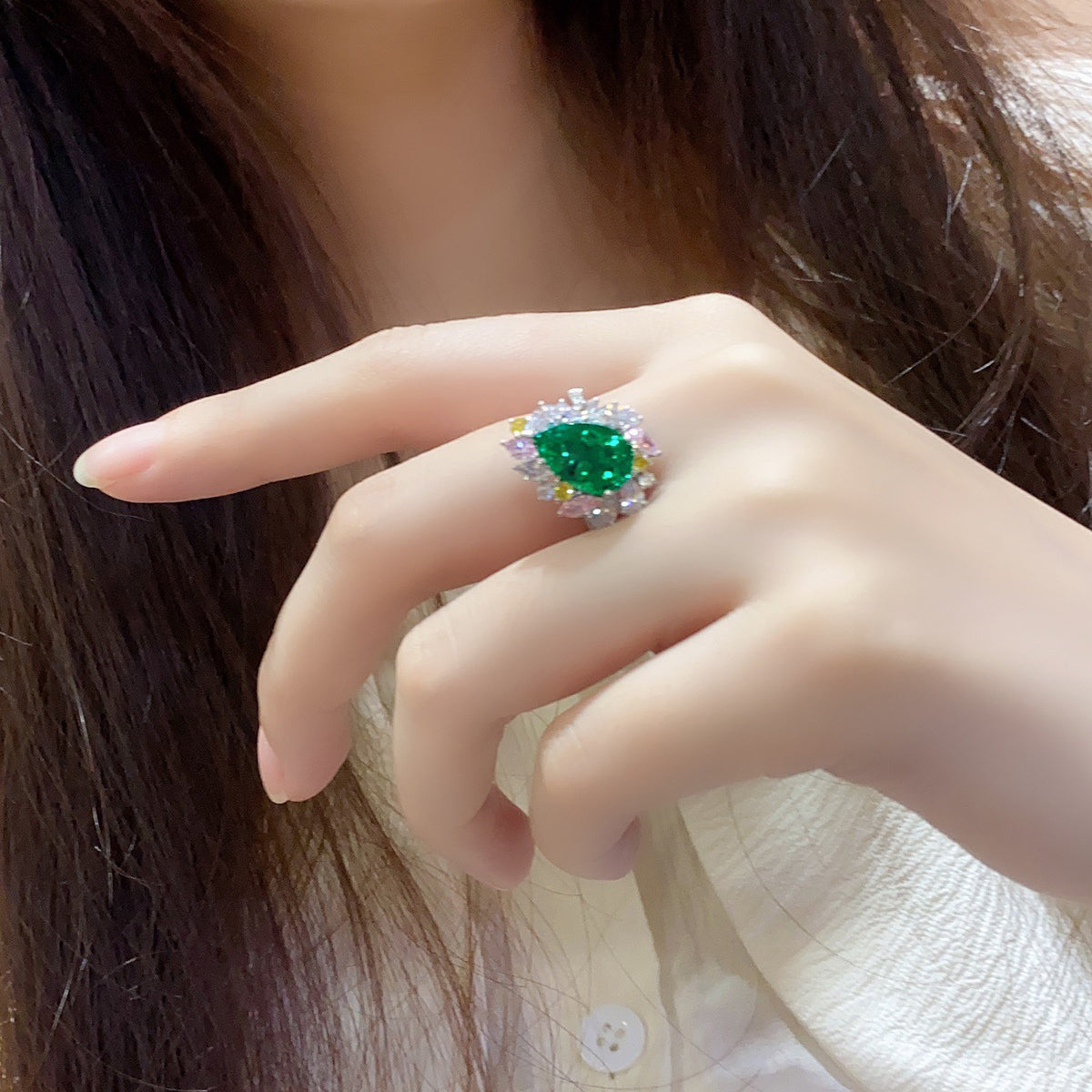 s925 sterling silver lab paraiba/ruby/emerald & cz diamond ring