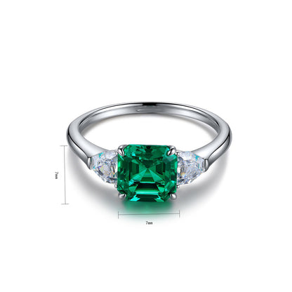 Lab Created Emerald Asscher Cut Ring,Green Emearld Ring,Square Solitaire Ring,Sterling Silver Three Stone Ring,May Birthstone,Gift For Her