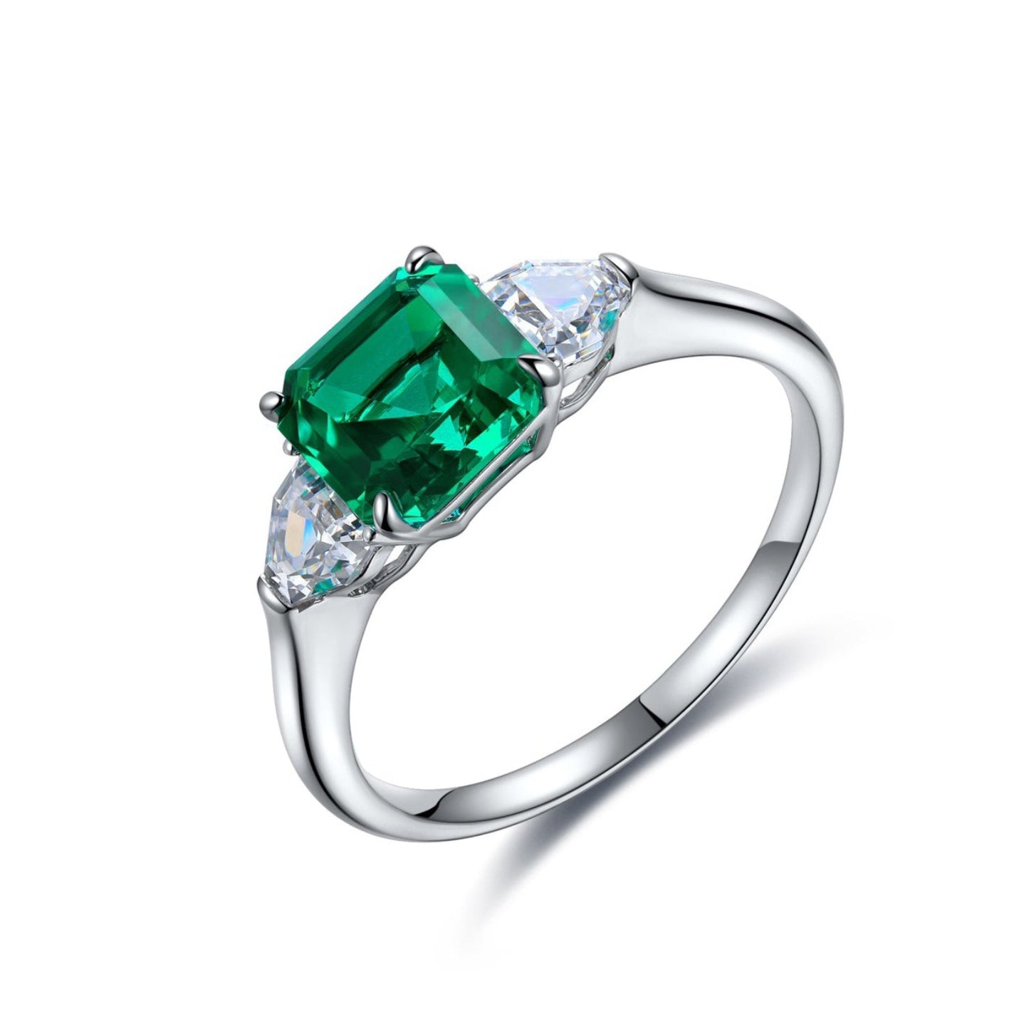 lab created emerald asscher cut ring,green emearld ring,square solitaire ring,sterling silver three stone ring,may birthstone,gift for her