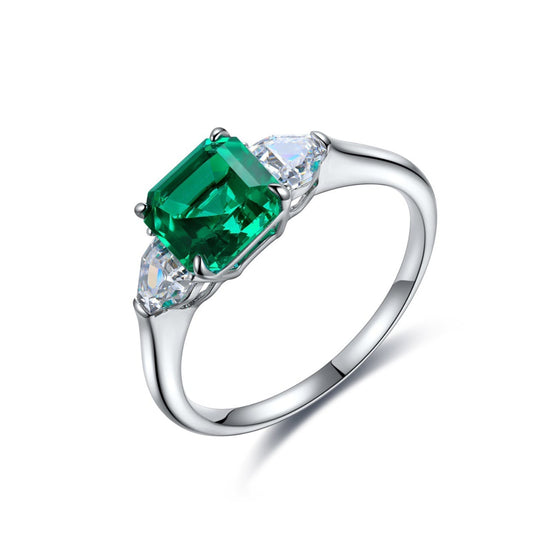 Lab Created Emerald Asscher Cut Ring,Green Emearld Ring,Square Solitaire Ring,Sterling Silver Three Stone Ring,May Birthstone,Gift For Her