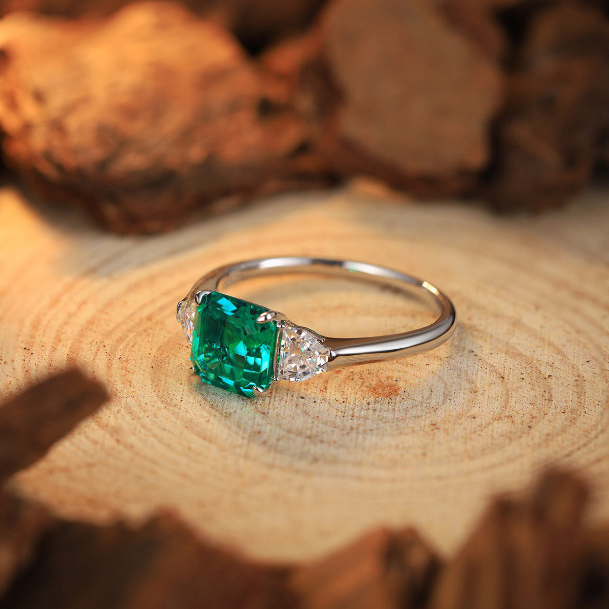 lab created emerald asscher cut ring,green emearld ring,square solitaire ring,sterling silver three stone ring,may birthstone,gift for her