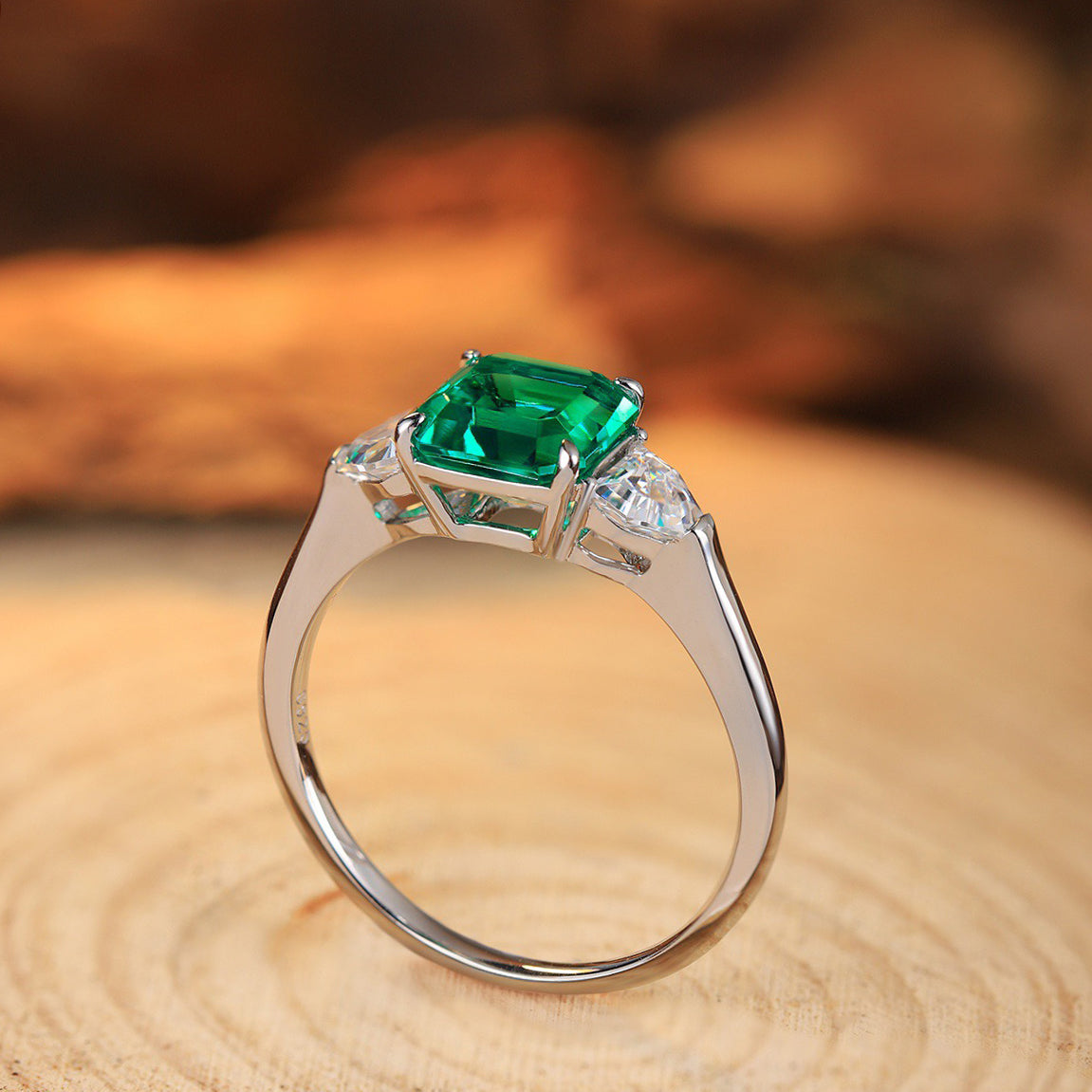 lab created emerald asscher cut ring,green emearld ring,square solitaire ring,sterling silver three stone ring,may birthstone,gift for her