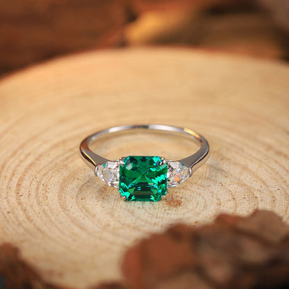 Lab Created Emerald Asscher Cut Ring,Green Emearld Ring,Square Solitaire Ring,Sterling Silver Three Stone Ring,May Birthstone,Gift For Her