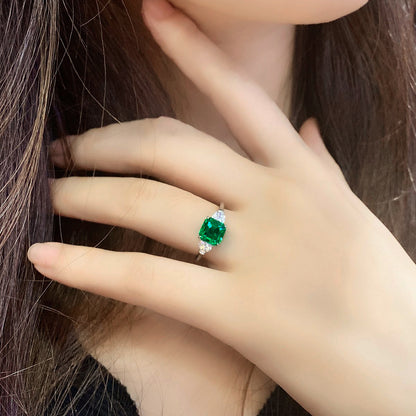 Lab Created Emerald Asscher Cut Ring,Green Emearld Ring,Square Solitaire Ring,Sterling Silver Three Stone Ring,May Birthstone,Gift For Her