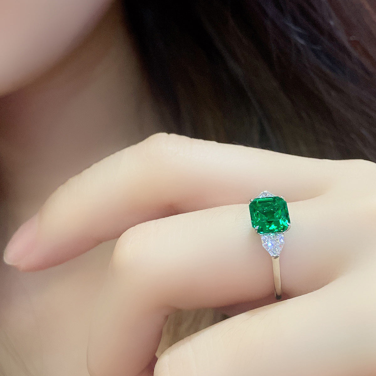 lab created emerald asscher cut ring,green emearld ring,square solitaire ring,sterling silver three stone ring,may birthstone,gift for her