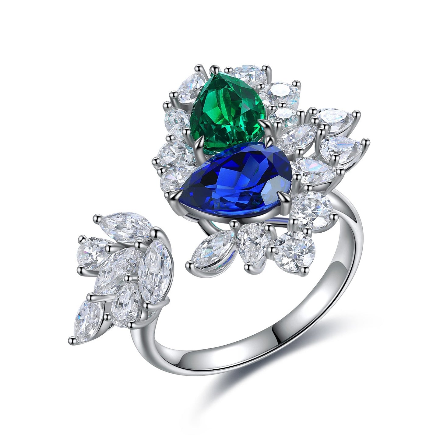 emerald sapphire pear cut ring – s925 sterling silver – art deco engagement ring – green blue gemstone gift for her
