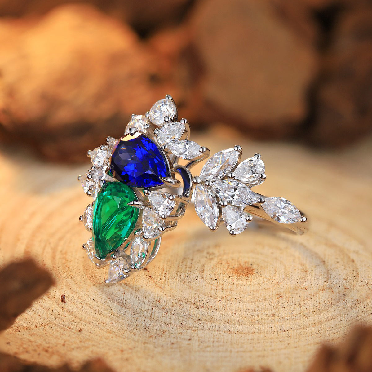 emerald sapphire pear cut ring – s925 sterling silver – art deco engagement ring – green blue gemstone gift for her