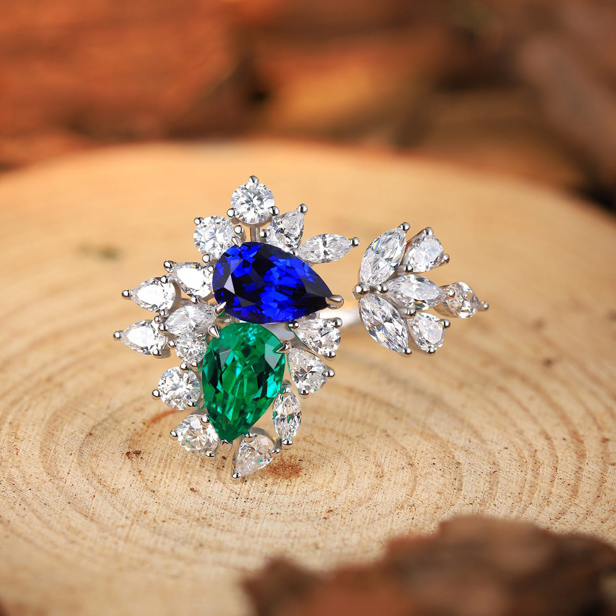 emerald sapphire pear cut ring – s925 sterling silver – art deco engagement ring – green blue gemstone gift for her