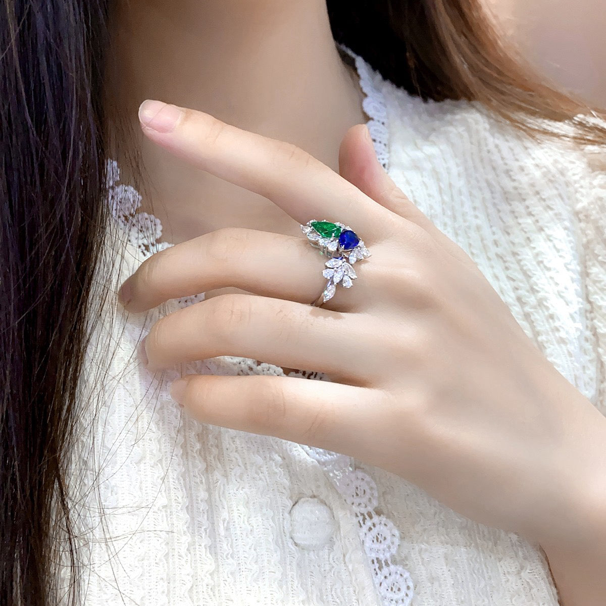 emerald sapphire pear cut ring – s925 sterling silver – art deco engagement ring – green blue gemstone gift for her