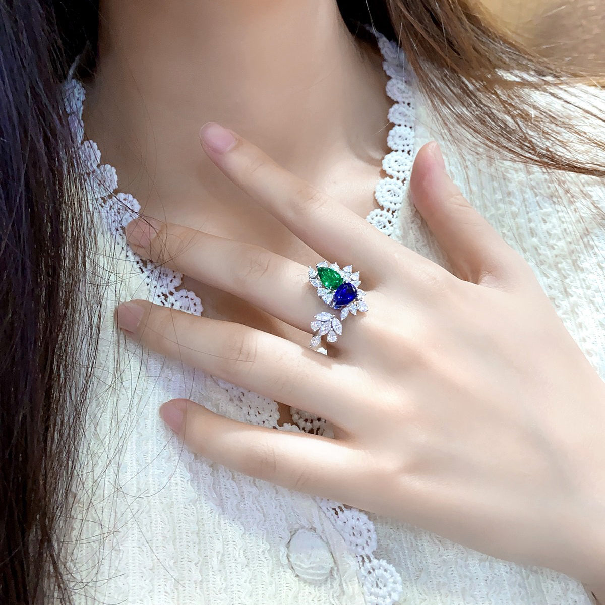 emerald sapphire pear cut ring – s925 sterling silver – art deco engagement ring – green blue gemstone gift for her