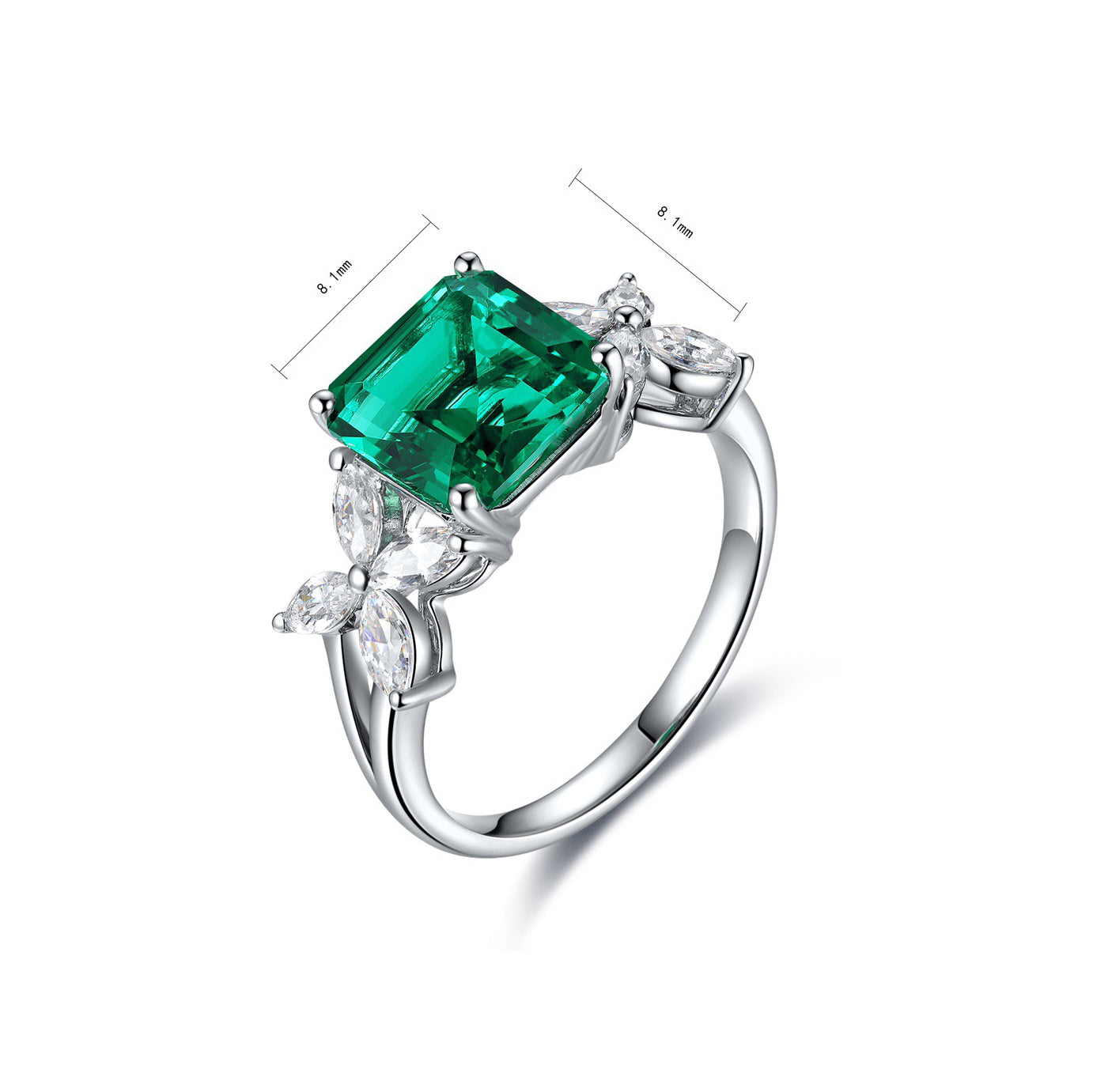 asscher cut emerald ring with marquise cz accent, sterling silver engagement ring, art deco green gemstone ring, promise ring gift for her