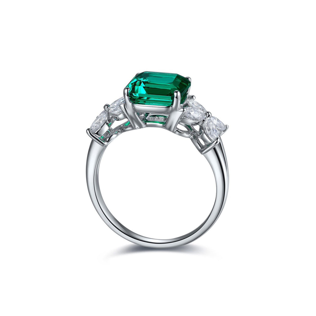 asscher cut emerald ring with marquise cz accent, sterling silver engagement ring, art deco green gemstone ring, promise ring gift for her