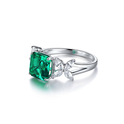 Asscher Cut Emerald Ring with Marquise CZ Accent, Sterling Silver Engagement Ring, Art Deco Green Gemstone Ring, Promise Ring Gift for Her