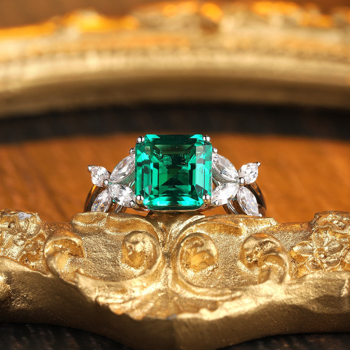 asscher cut emerald ring with marquise cz accent, sterling silver engagement ring, art deco green gemstone ring, promise ring gift for her