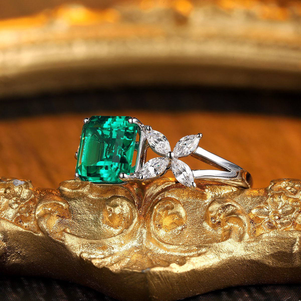 asscher cut emerald ring with marquise cz accent, sterling silver engagement ring, art deco green gemstone ring, promise ring gift for her