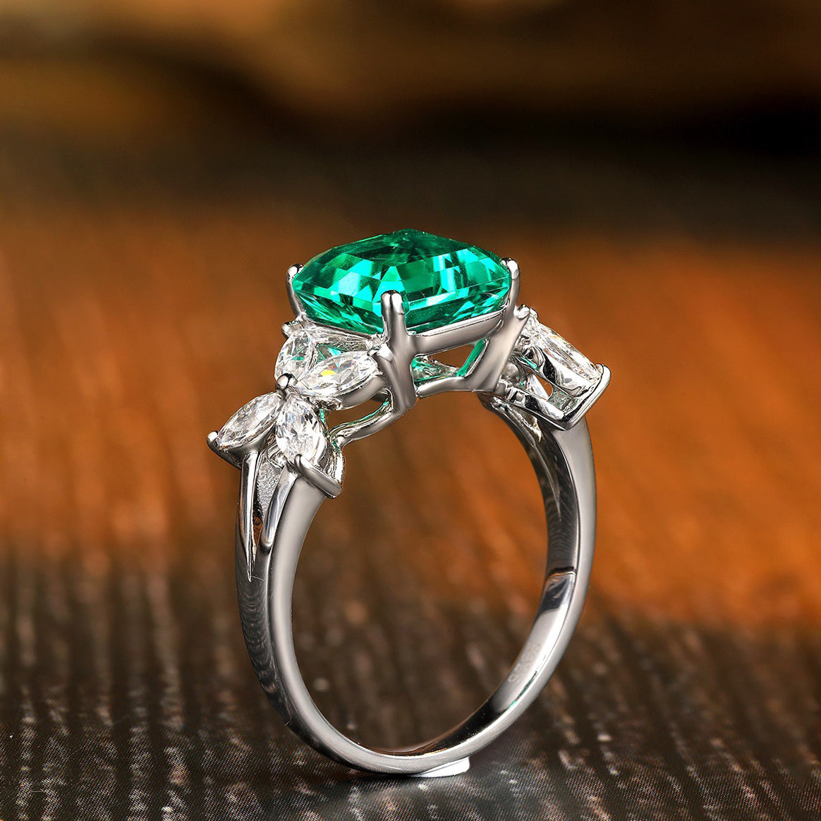 asscher cut emerald ring with marquise cz accent, sterling silver engagement ring, art deco green gemstone ring, promise ring gift for her