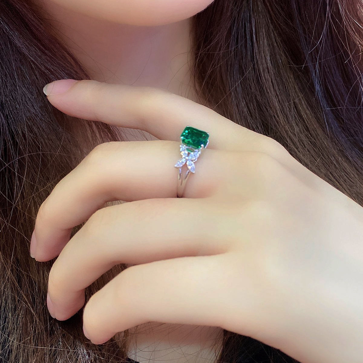 asscher cut emerald ring with marquise cz accent, sterling silver engagement ring, art deco green gemstone ring, promise ring gift for her