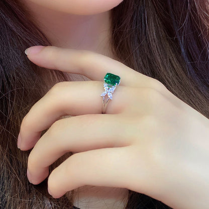 Asscher Cut Emerald Ring with Marquise CZ Accent, Sterling Silver Engagement Ring, Art Deco Green Gemstone Ring, Promise Ring Gift for Her
