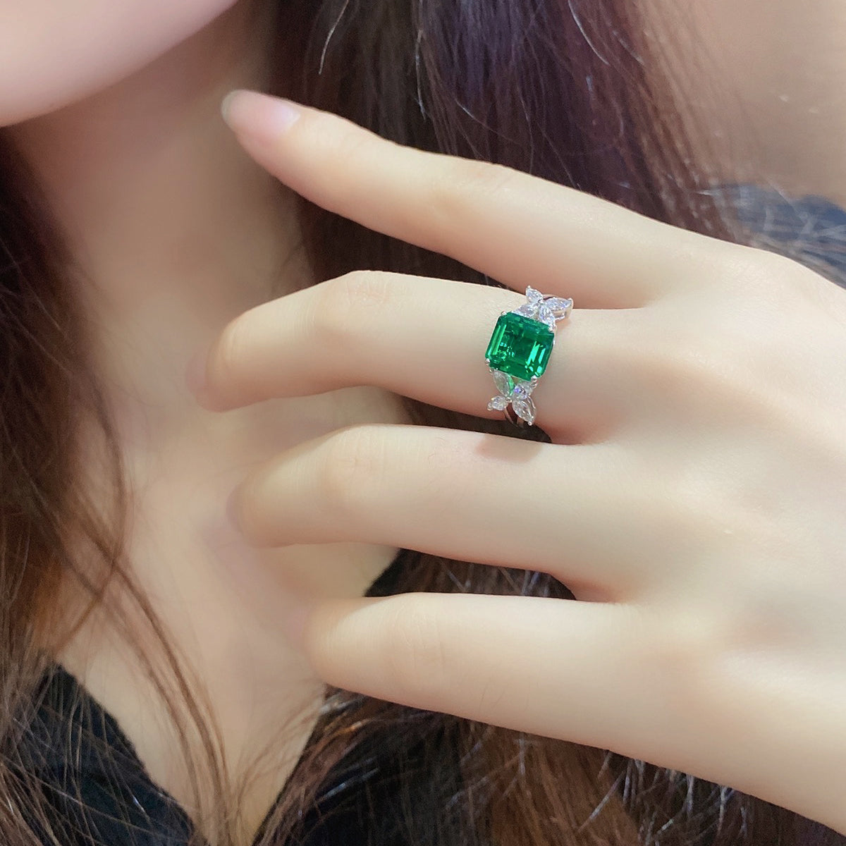 asscher cut emerald ring with marquise cz accent, sterling silver engagement ring, art deco green gemstone ring, promise ring gift for her