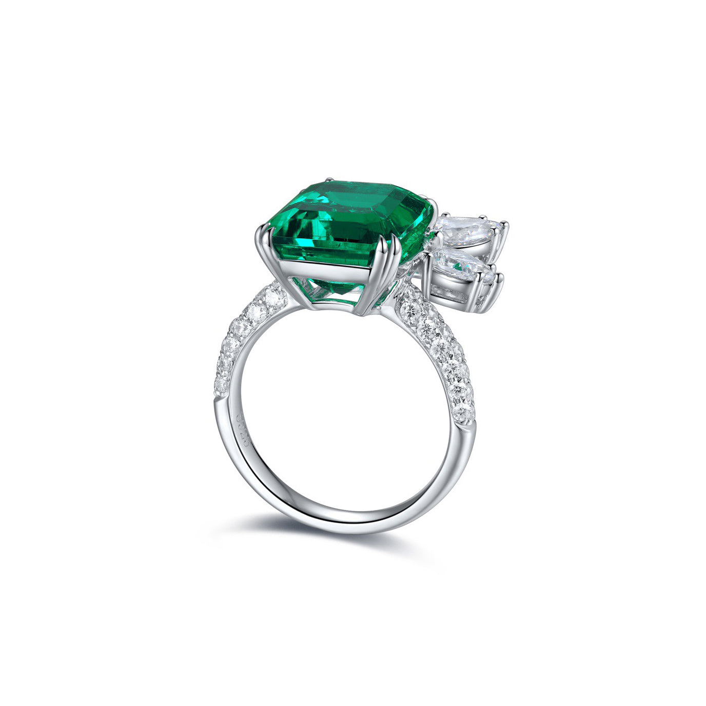 s925 sterling silver lab emerald & cz diamond ring