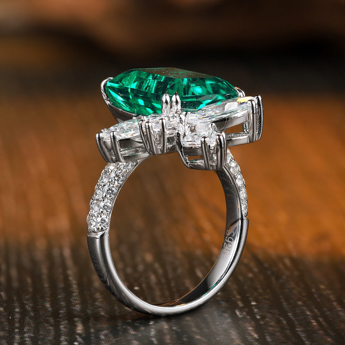 s925 sterling silver lab emerald & cz diamond ring