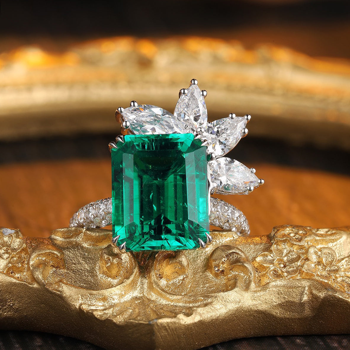 s925 sterling silver lab emerald & cz diamond ring