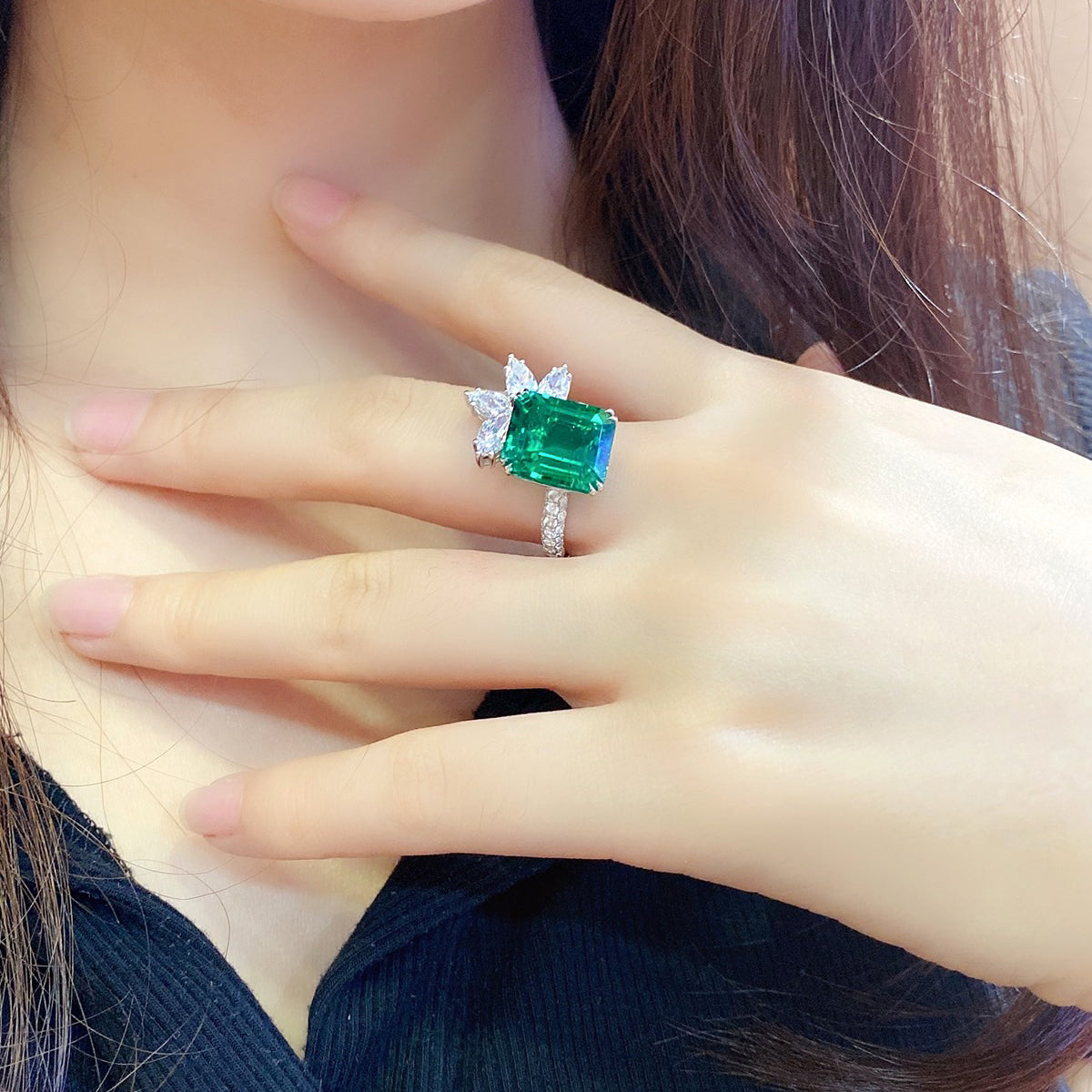 s925 sterling silver lab emerald & cz diamond ring