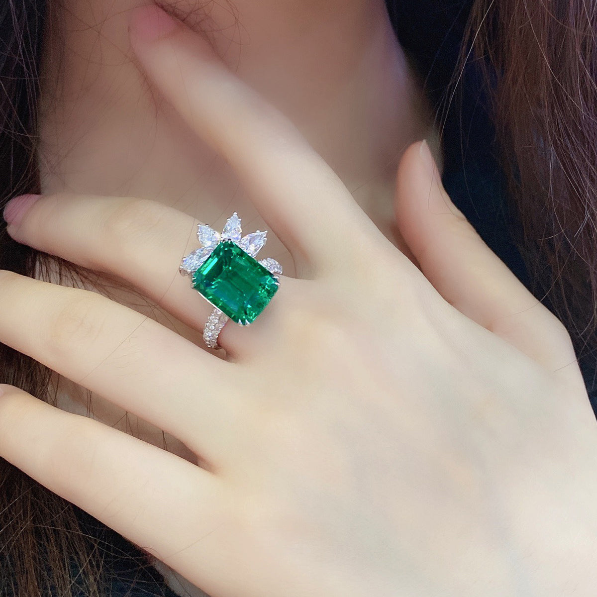 s925 sterling silver lab emerald & cz diamond ring