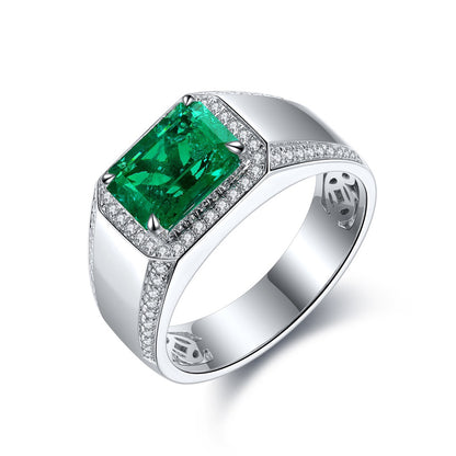 Men’s Emerald Signet Ring – Sterling Silver Baguette Gemstone Statement Ring – Bold Fashion Jewelry Gift for Him